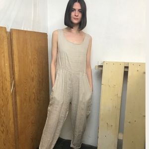 Black Crane Linen Overalls in Lavender